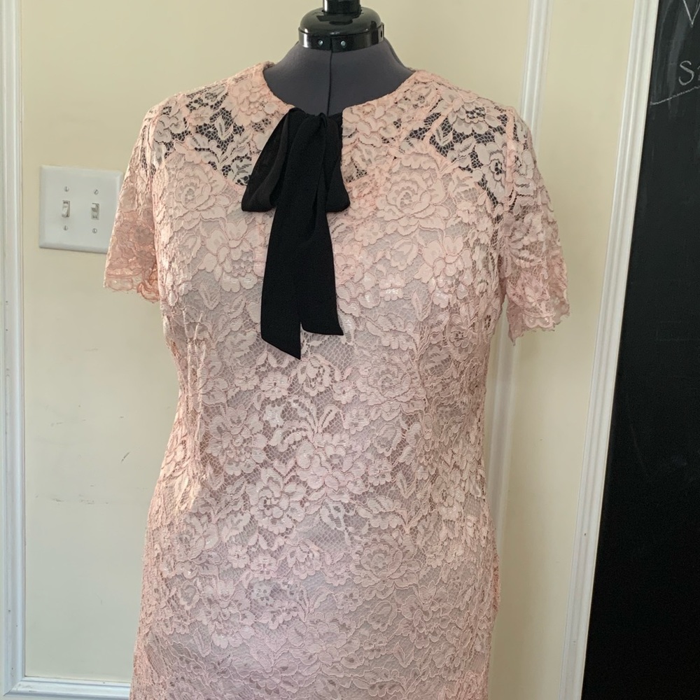 Floral Lace Pink Dress with Black Bow Tie